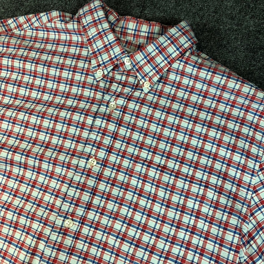 Saddlebred Men Comfort Flex Short Sleeve Button Down Shirt Red Blue Plaid Size L